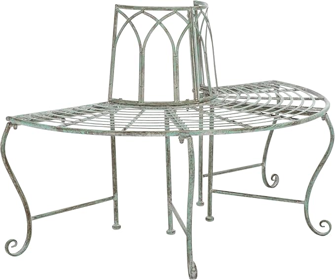 SAFAVIEH Outdoor Furniture Collection – Abia Antique Dark Green Distressed Wrought Iron 50-Inch Curved Tree Bench - Photo 9