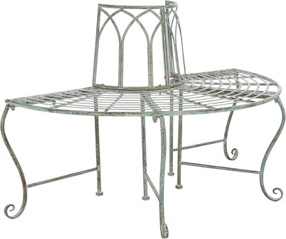 SAFAVIEH Outdoor Furniture Collection – Abia Antique Dark Green Distressed Wrought Iron 50-Inch Curved Tree Bench, Garden & Patio Seating (PAT5018D)