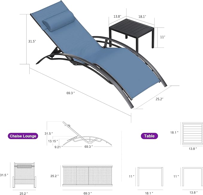PURPLE LEAF Patio Chaise Lounge Chair Set with 2 Side Table Outdoor Pool Adjustable Recliner Chairs for Outside Beach Poolside Sunbathing Tanning Lounger
