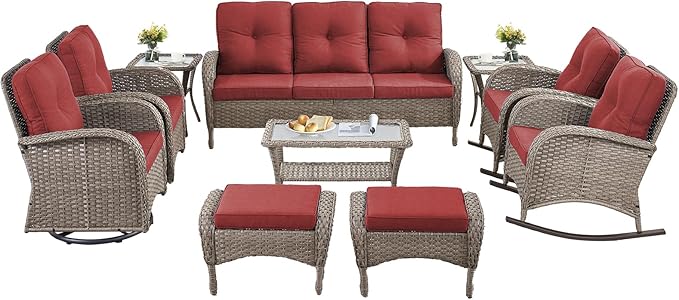 10-Piece Patio Furniture Set-Patio Rocking Chairs Set of 4 Outdoor Rattan Sofa Sets with Coffee Table Outdoor Patio - Photo 2