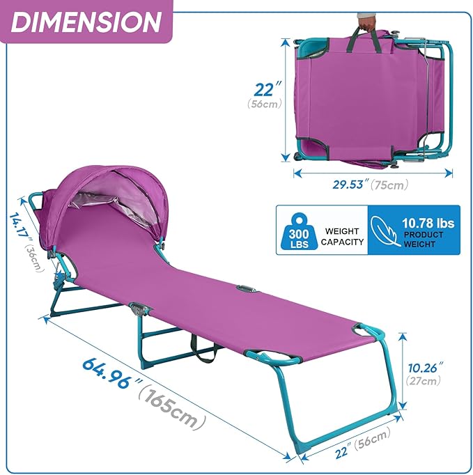 Northroad 2 Pack Beach Lounge Chair with Canopy Shade, Adjustable 4 Position Foldable Tanning Chair, Outdoor Heavy Duty Chaise Lounge Chair, for Poolside Patio Sunbathing Lawn, UPF 50+, Purple
