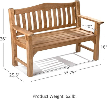 Ash & Ember Hawthorne Grade A Teak 53" Bench, Seats 2 People Comfortably, Weather Resistant Indoor Outdoor Solid Wood Patio Furniture with Tightly Spaced Slats, Bowed Back, Armrests