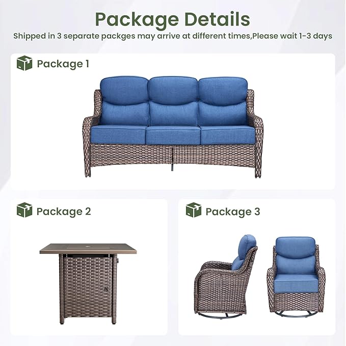 Luxury Patio Furniture Set with 6-inch Thick Cushion, Outdoor Furniture with Fire Pit Table, Swivel Chairs, Sofa - Photo 1