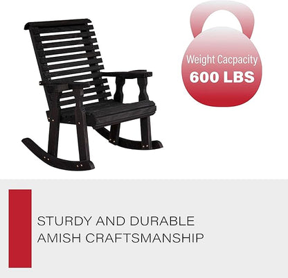 Amish Heavy Duty 600 Lb Roll Back Pressure Treated Rocking Chair with Cupholders (Semi-Solid Black Stain)