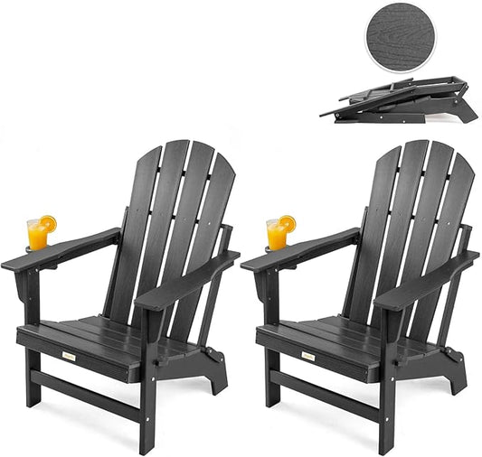 Folding Adirondack Chairs Set of 2, All Weather Stable Gun-Leg Design Fire Pit Chairs with Cupholder for Outside