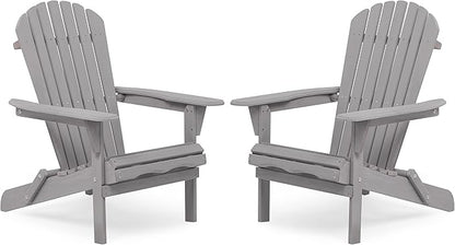 Wooden Folding Adirondack Chair Set of 2, Wood Lounge Patio Chair for Garden Outdoor, Solid Cedar Wood Lounge Patio Chair for Garden, Lawn, Backyard, Grey