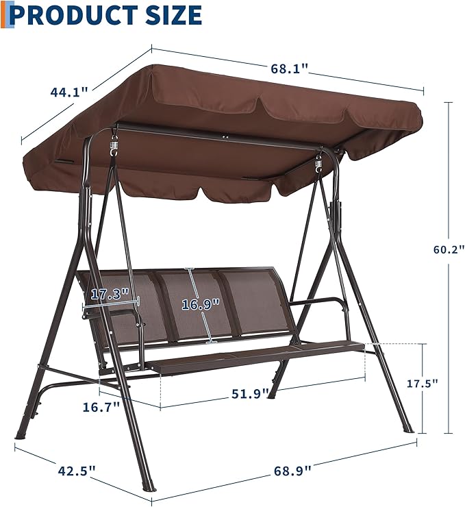 Porch Swing with Adjustable Canopy for Adults 3-Seat Outdoor Waterproof Textilene & Steel Frame Patio Swing Bench for - Photo 6