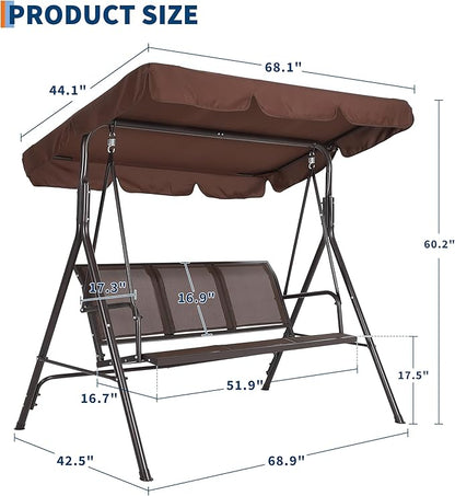 Porch Swing with Adjustable Canopy for Adults 3-Seat Outdoor Waterproof Textilene & Steel Frame Patio Swing Bench for Backyard Lawn Garden Brown