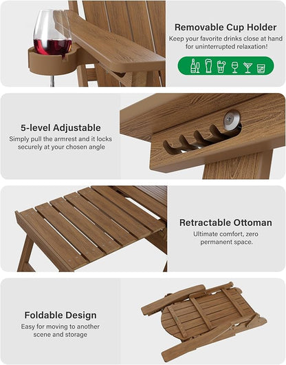 YEFU Adjustable Adirondack Chair with Footrest Set of 4, 5-Level Adjustable Adirondack Chair with Retractable Ottoman& Cup Holder, Folding Adirondacks Chairs Use for Outdoor, Pool, Fire Pit (Walnut)