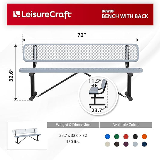 Leisure Craft Metal Outdoor Bench with Back - 6 Foot Heavy Duty Bench Seating for Garden, Porch, Picnic, Park, Expanded Metal, Thermoplastic Coating, Commercial Grade Furniture Made in USA - Gray