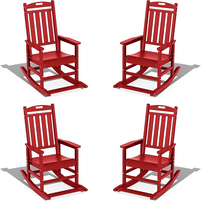 LOUNZY Outdoor Rocking Chair with Footboards Set of 4, HDPE Rocking Chair Patio Porch Rocker with 380lbs Support for Adult, Dark Red