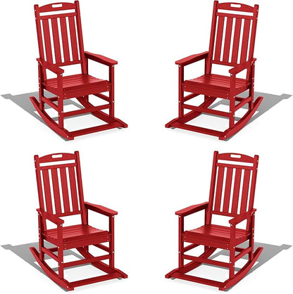 LOUNZY Outdoor Rocking Chair with Footboards Set of 4, HDPE Rocking Chair Patio Porch Rocker with 380lbs Support for Adult, Dark Red