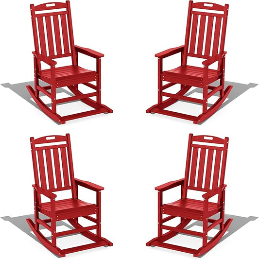 LOUNZY Outdoor Rocking Chair with Footboards Set of 4, HDPE Rocking Chair Patio Porch Rocker with 380lbs Support for Adult, Dark Red