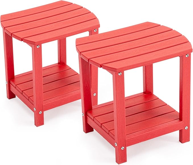 Adirondack Small Outdoor Side Table - Weatherproof HDPE Patio End Table with 2-Tier Storage for Firepit, Balcony, Garden, Poolside or Bathroom (Red, Set of 2)