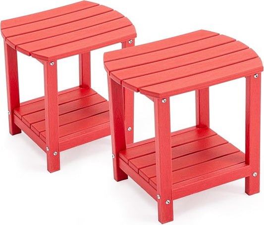 Adirondack Small Outdoor Side Table - Weatherproof HDPE Patio End Table with 2-Tier Storage for Firepit, Balcony, Garden, Poolside or Bathroom (Red, Set of 2)