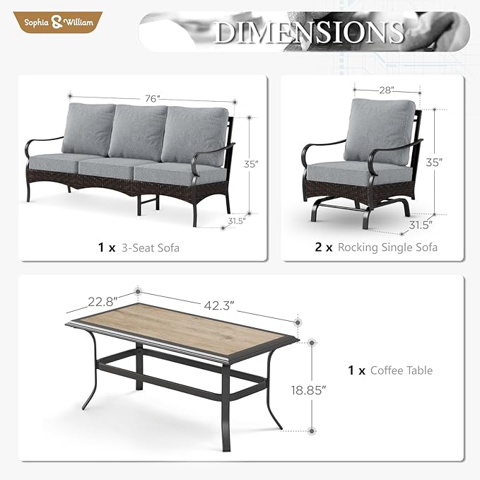 Sophia & William Patio Furniture Set, 4 Piece Metal Outdoor Conversation Set with 3-Seater Outdoor Couch, 2 Sofa Chairs - Photo 7