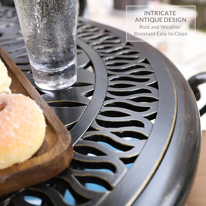 VIVIJASON 35.4" Outdoor Patio Dining Round Table Bronze Cast Aluminum Rustic Large Patio Table with Umbrella Hole - Photo 5