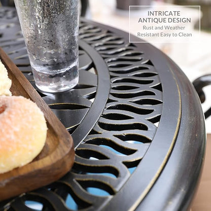 VIVIJASON 35.4" Outdoor Patio Dining Round Table Bronze Cast Aluminum Rustic Large Patio Table with Umbrella Hole
