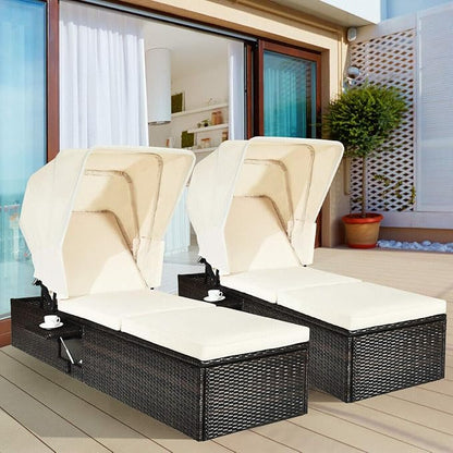 Tangkula Outdoor Chaise Lounge Chair with Folding Canopy, Adjustable Cushioned Reclining Chair with Flip-up Tea Table, Rattan Sun Lounger for Beach Poolside Backyard Balcony Porch (2)