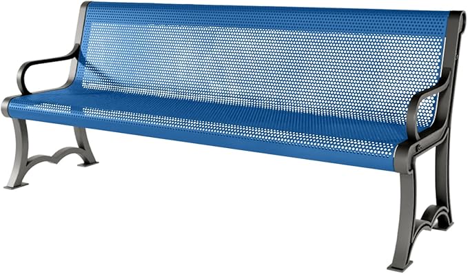 COATEDOUTDOORFURNITURE Heavy-Duty Outdoor Bench Thermoplastic Coated, Punched Steel, Commercial-Grade Garden Bench, Made in America (Portable with Back, 6 Ft, Textured Light Blue)