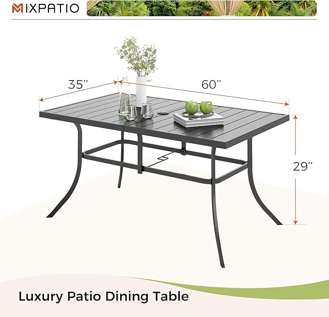 Outdoor Patio Dining Table for 6, 60" x 35" Rectangular Metal Patio Dining Table with Umbrella Hole for Garden - Photo 3