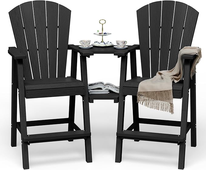 Tall Adirondack Chairs Set of 2, HDPE High Adirondack Chairs with Double Removable Trays, All Weather Outdoor Barstools for Patio, Balcony, Backyard, Deck and Garden, Black