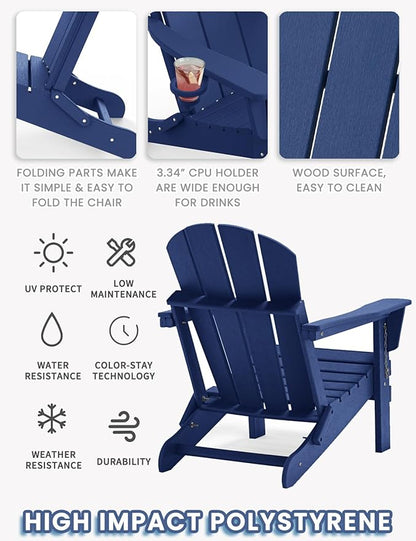 Adirondack Chair with Cup Holder Set of 4, Folding HDPE Patio Chairs, Outdoor Plastic Fire Pit Chair, Wood Texture, Lawn Chairs for Deck, Porch, Backyard, Garden, Navy Blue