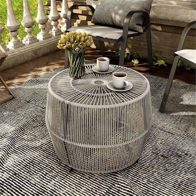 Round Outdoor Coffee Table, PE Wicker and Metal Frame, Weatherproof Gray Finish, 21.7 in Diameter - Photo 2