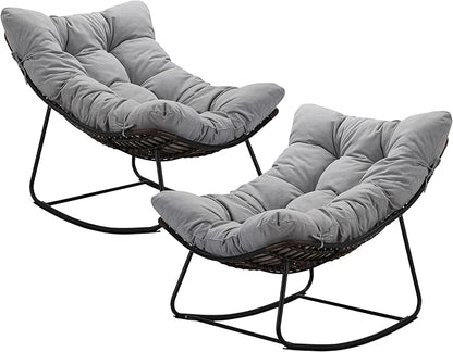 Outdoor Papasan Rocking Chair Oversized Set of 2 - Rocking Chair with Soft Cushion, 30° Rocker Egg Chair for Patio, Front Porch, Backyard, Living Room, Grey