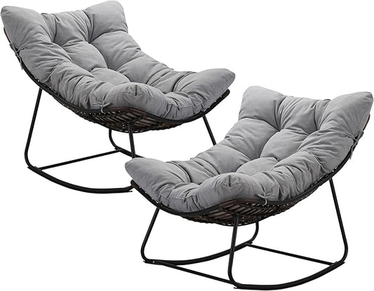 Outdoor Papasan Rocking Chair Oversized Set of 2 - Rocking Chair with Soft Cushion, 30° Rocker Egg Chair for Patio, Front Porch, Backyard, Living Room, Grey