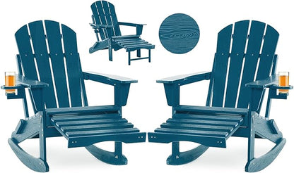Folding Adirondack Rocking Chair Set of 2,4-in-1 Multifunctional Patio Chairs with Retractable Ottoman, Outdoor Chairs Wood Texture, Lawn Chair for Porch, Backyard, Pool(Navy Blue)