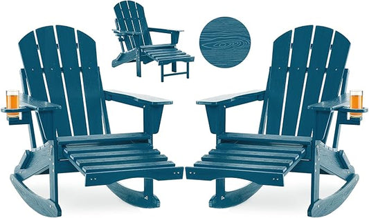 Folding Adirondack Rocking Chair Set of 2,4-in-1 Multifunctional Patio Chairs with Retractable Ottoman, Outdoor Chairs Wood Texture, Lawn Chair for Porch, Backyard, Pool(Navy Blue)