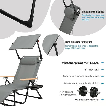 Folding Outdoor Chaise Lounge Chair with 360°Shade, 4 Position Portable Sun Tanning Chair with Headrest, Foldable Beach Lounge Chair with Cup Holders & Wooden Armrests for Patio Pool Lawn (Grey-B)