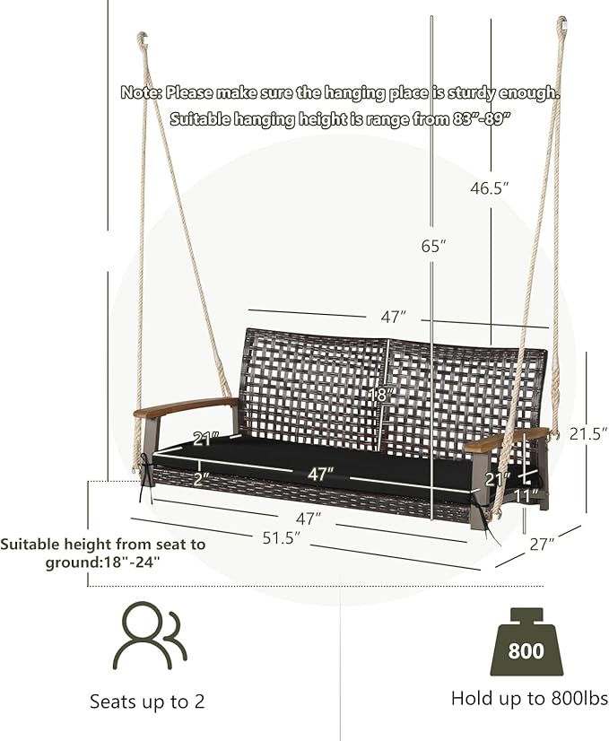 RELAX4LIFE 2-Seater Outdoor Porch Swing - PE Wicker Porch Loveseat Swing with 118” Hanging Ropes - Photo 5