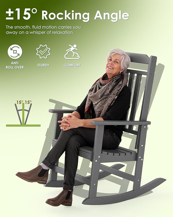 GREENVINES Outdoor-Rocking-Chair | HDPE Plastic | Patio Rockers | Porch Rocker Chairs | Oversized | High Back | Big & Tall | Grey