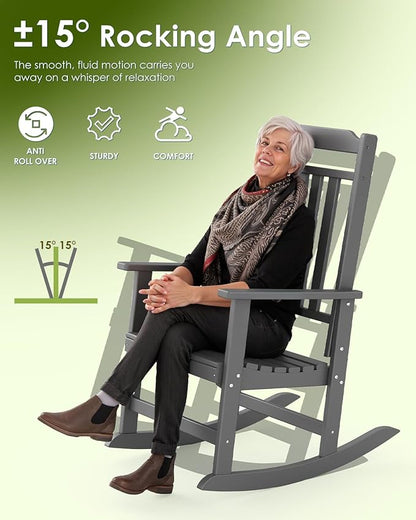 GREENVINES Outdoor-Rocking-Chairs-Set-of-4 | HDPE Plastic | Patio Rockers | Porch Rocker Chair | Oversized | High Back | Big & Tall | Grey