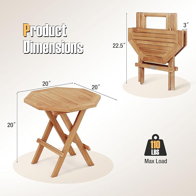 Tangkula Patio Folding Side Table, Teak Wood Octagon Coffee Table w/X-Shaped Legs & Slatted Tabletop, Portable & Compact Outdoor End Table for Backyard, Deck, Lawn