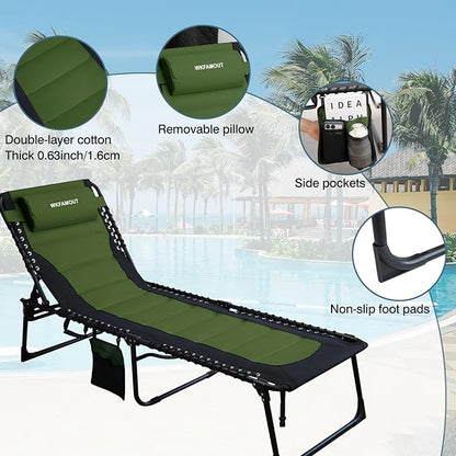 Oversized Padded Outdoor Folding Lounge Chair for Adults 330Ibs Patio Chaise Lounge Chair for Outside Adjustable 5-Position Reclining Beach Chair with Pillow Pocket