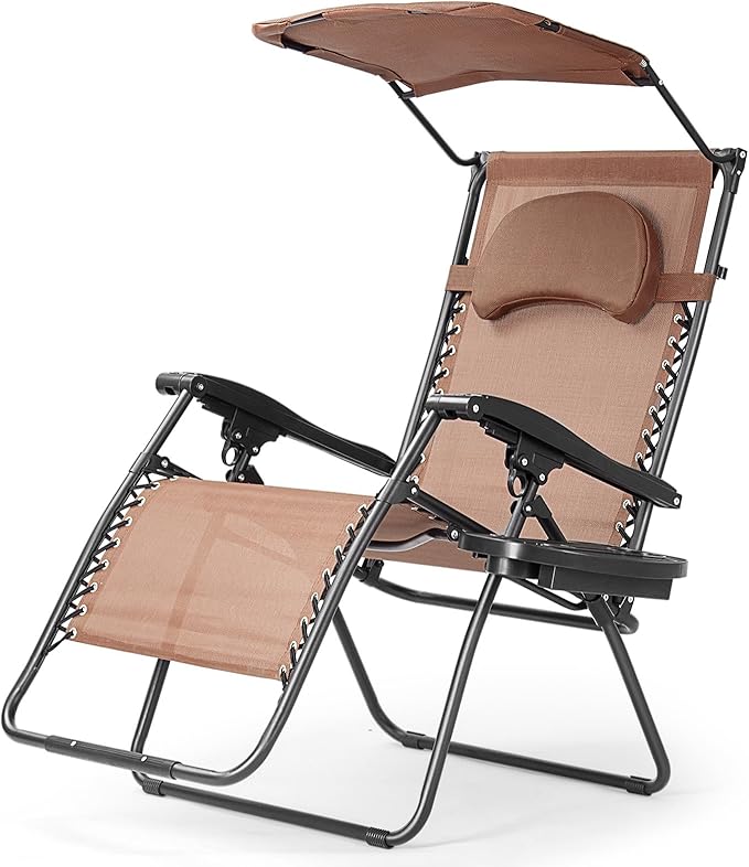 Goplus Zero Gravity Chairs, X-Large Folding Lounge Lawn Chair w/Canopy Shade & Cup Holder - Photo 8
