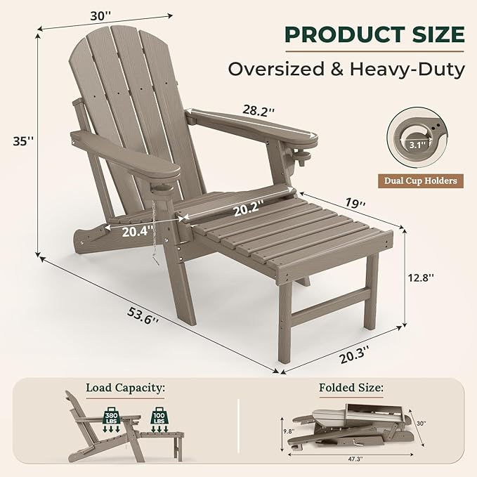 BRIOPAWS Adirondack-Chairs-with-Pull-Out-Footrest | Set of 6 | Folding | HDPE Plastic | Fire Pit Chair | All Weather | Cup Holders | Curved Back | Retractable Ottoman | for Poolside Deck | Light Brown