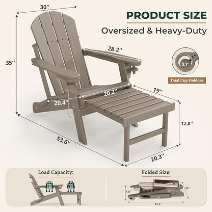 BRIOPAWS Adirondack-Chairs-with-Pull-Out-Footrest | Set of 2 | Folding | HDPE Plastic | Fire Pit Chair | All Weather | Cup Holders | Curved Back | Retractable Ottoman | for Poolside Deck | Light Brown