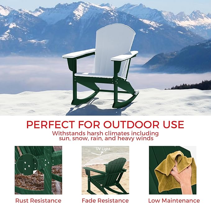 Costaelm Outdoor Adirondack Chair, All Weather Resistant Lawn Chairs Balcony Chair and Fire Pit Chairs, Deck Chairs Outdoor Porch Rocking Chair High Back HDPE Poly Lumber, Dark Green