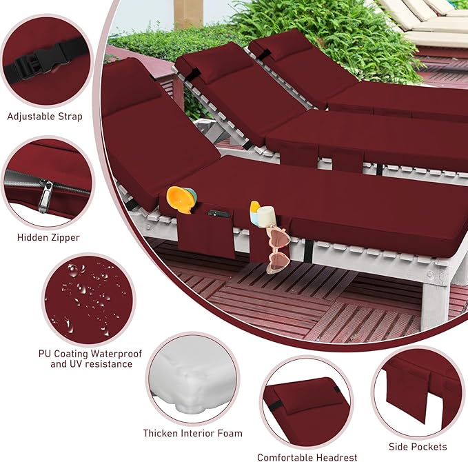 Tondiamo 2 Set Outdoor Chaise Lounge Cushions with Pillows and Storage, 72 x 21 x 3 Inch Outdoor Lounge Chair Seat Pads Outside Waterproof Chaise Cushion for Lawn Patio Furniture(Wine Red)