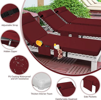Tondiamo 2 Set Outdoor Chaise Lounge Cushions with Pillows and Storage, 72 x 21 x 3 Inch Outdoor Lounge Chair Seat Pads Outside Waterproof Chaise Cushion for Lawn Patio Furniture(Wine Red)