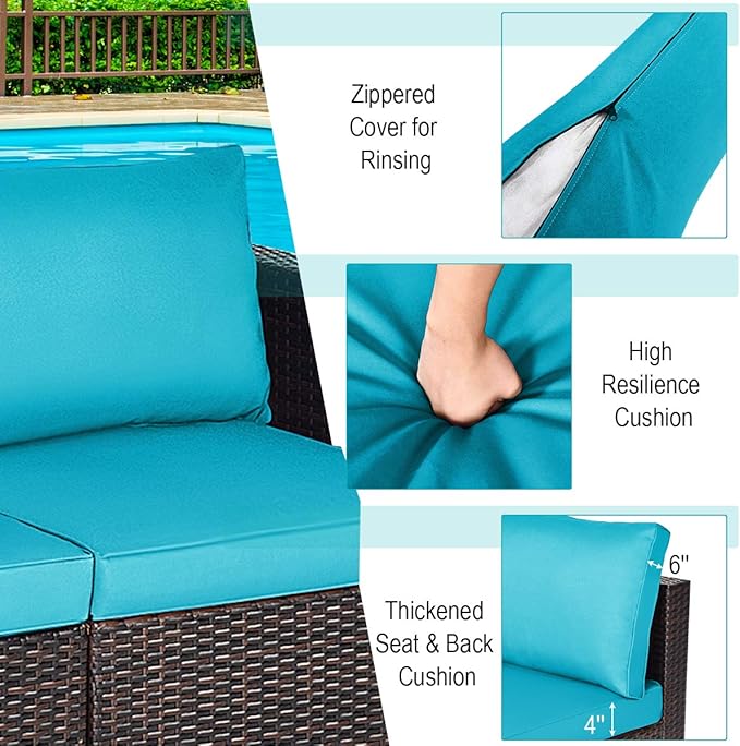 Tangkula 2 Seat Outdoor Wicker Loveseat Sofa Set, Modular PE Rattan 2 Pieces Outdoor Wicker Corner Sofa, Outside Furniture Set for Deck, Backyard, Porch, Garden & Poolside, Turquoise