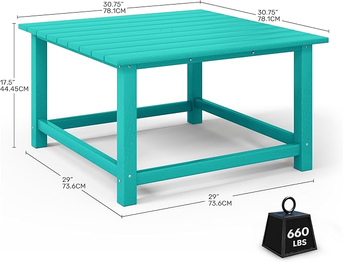 Costaelm Patio Conversation Table, Tatio Accent HDPE Outdoor Weather Resistant, Square Outdoor Porch Balcony Patio Drink Table for Outside, Pool, Backyard, Turquoise