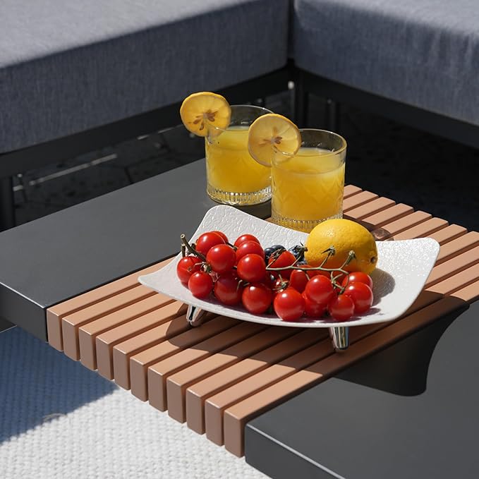 Sundale Outdoor Modern Metal Outdoor Coffee Table with Slatted Wood-Look Tabletop Design, Weather-Resistant Patio Side Table for Garden, Balcony, Poolside(Gray)