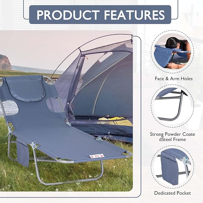 3-in-1 Heavy Duty Tanning Chair with Face Hole Adjustable 5-Position Folding Chaise Lounge Chairs Portable Lay Flat Beach Lounge Chair for Outdoor Sunbathing Patio Pool Lawn Camping Deck (Gray 2)