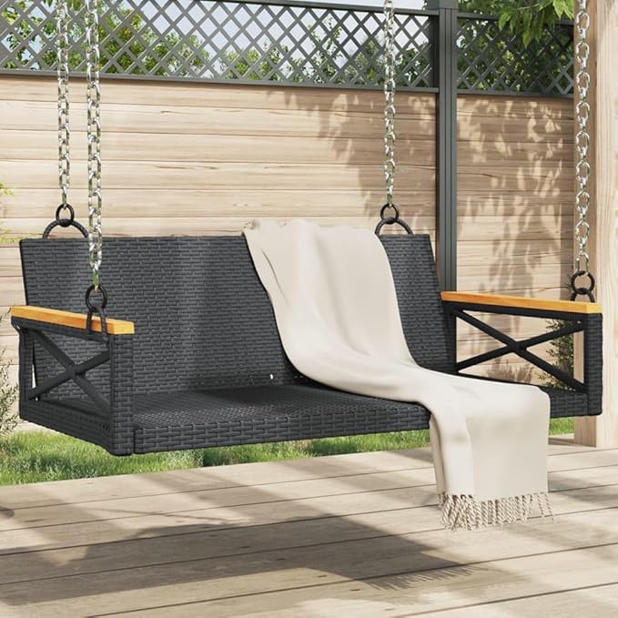 Black Poly Rattan 2-Seat Outdoor Swing Bench 42.9" Patio Garden Loveseat with Powder-Coated Steel Frame UV-Resistant for Porch Backyard & Balcony
