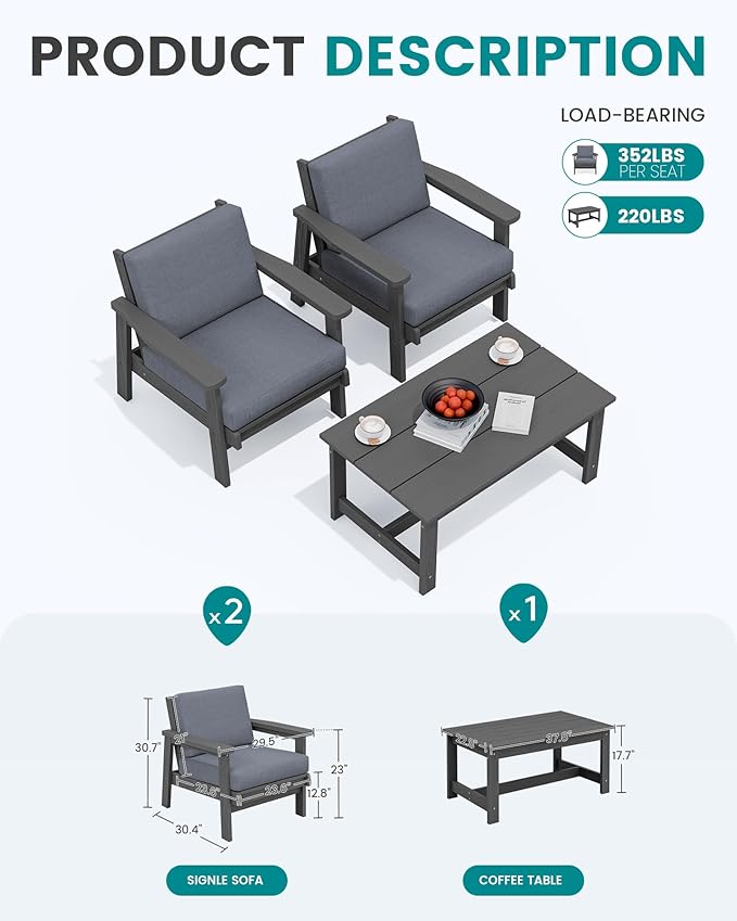 SERWALL HDPE Outdoor Couch, Grey Frame and Grey Cushion - Photo 2